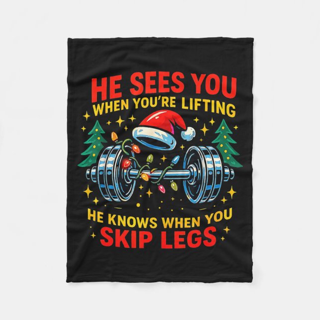 He Sees You Lifting Funny Skip Legs Christmas Tee  Fleecedecke (Vorderseite)