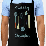 Head Koch Personalisierte Schürze<br><div class="desc">Fun Head Koch Design mit Küchenutensilien für Ihren Lieblings-Koch, Koch oder Grill Experte. Ändern Sie den Namen, um ihn zu personalisieren.</div>