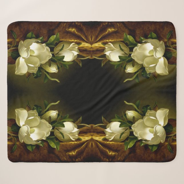 Heade Magnolia Blume Gold Velvet Sherpa Blanka Sherpadecke (Vorderseite (Horizontal))