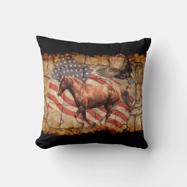 "Heading West" - Pferde, Adler und US-Flagge Kissen (Vorderseite)