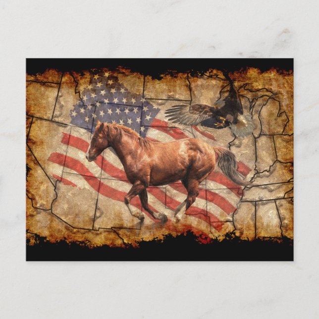 "Heading West" - Pferde, Adler und US-Flagge Postkarte (Vorderseite)