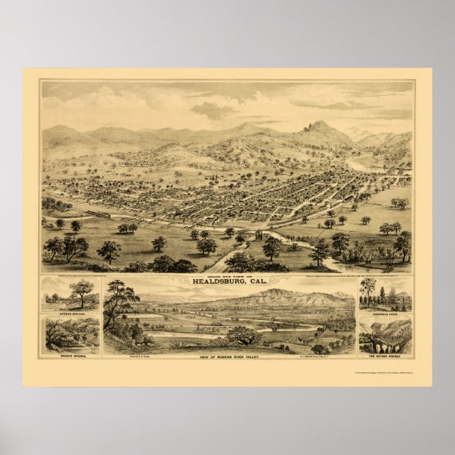 Healdsburg, CA Panorama Karte - 1876 Poster (Vorne)