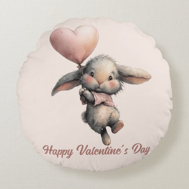 Heart Balloon Bunny for Valentines Rundes Kissen (Vorderseite)