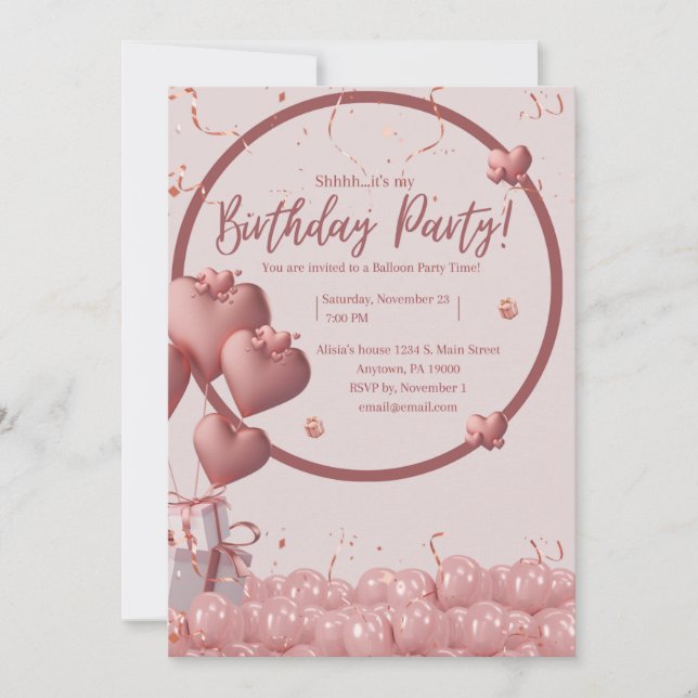 Heart Balloon Confetti Girl Birthday Einladung (Vorderseite)