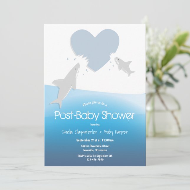 Heart Bites Sharks Post Baby Shower Einladung (Stehend Vorderseite)