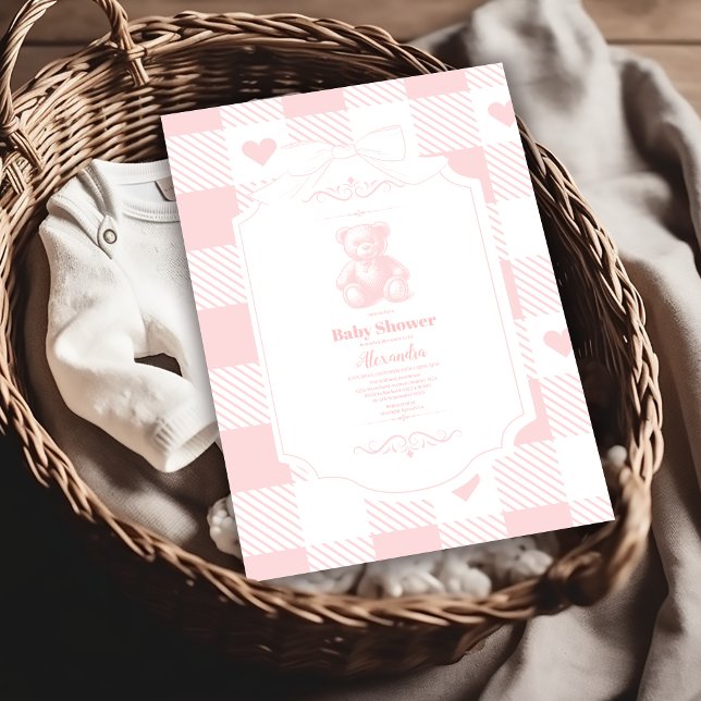 Heart Bow Gingham French Teddy Bear Baby Shower Einladung (Von Creator hochgeladen)