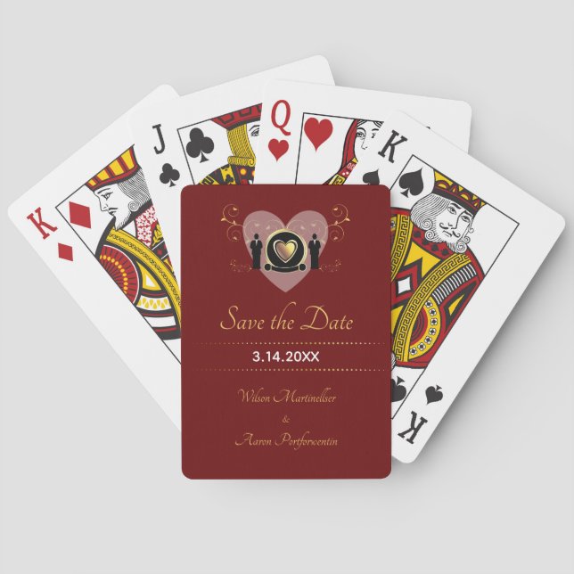 Heart Burgundy Male Wedding LGBTQ Save the Date Spielkarten (Rückseite)
