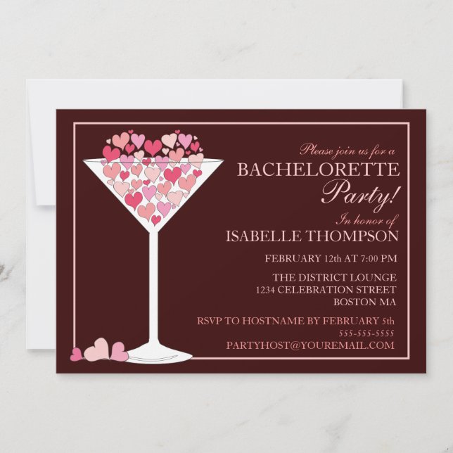 Heart Champagne Martini Junggeselinnen-Abschied Einladung (Vorderseite)