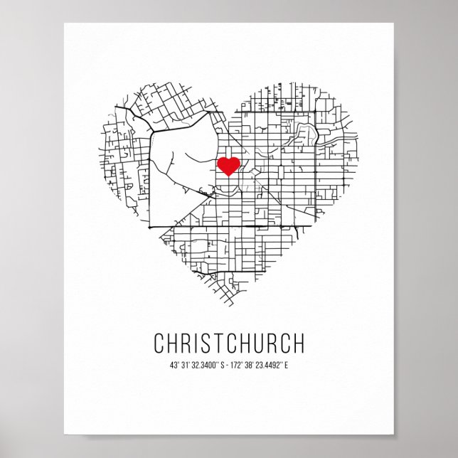 Heart Christchurch City Map (Neuseeland) Poster (Vorne)