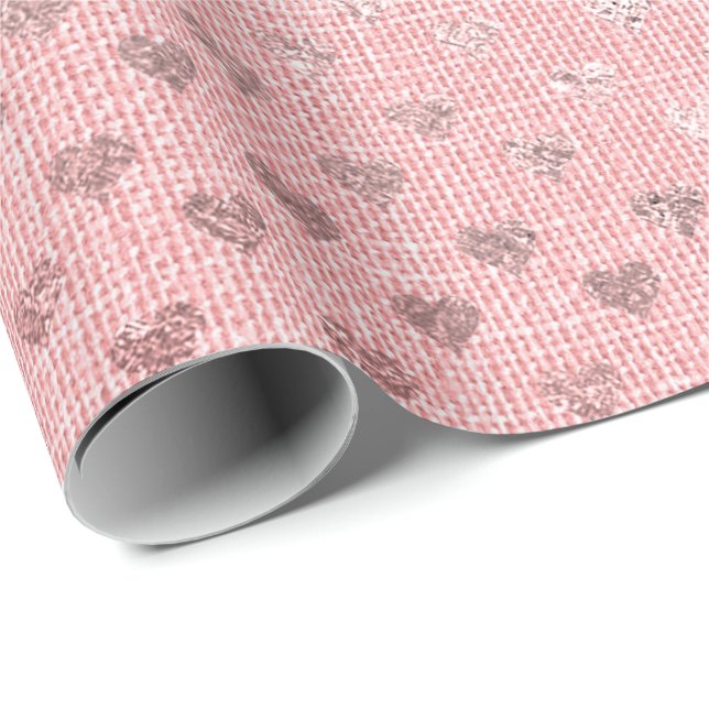 Heart Confetti Metallic Pink Rose Gold Linen Geschenkpapier (Rolleneckpunkt)