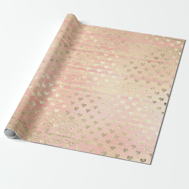 Heart Confetti Metallic Shabby Gold Wood Pink Rose Geschenkpapier (Ungerollt)