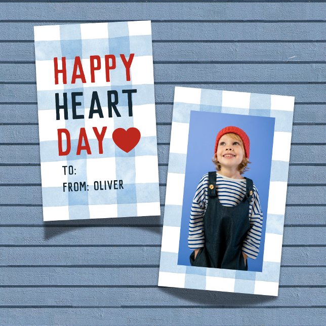 Heart Day Blue Gingham Valentine's Classroom Card Mitteilungskarte (Share this Happy Heart Day Blue Gingham Valentine's Classroom Note Card! )