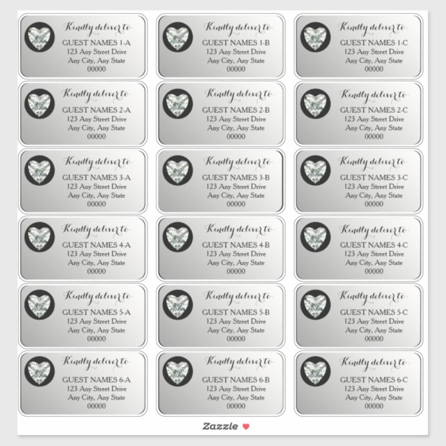 Heart Diamond Silver Wedding Guest Address Sticke Aufkleber (Blatt)
