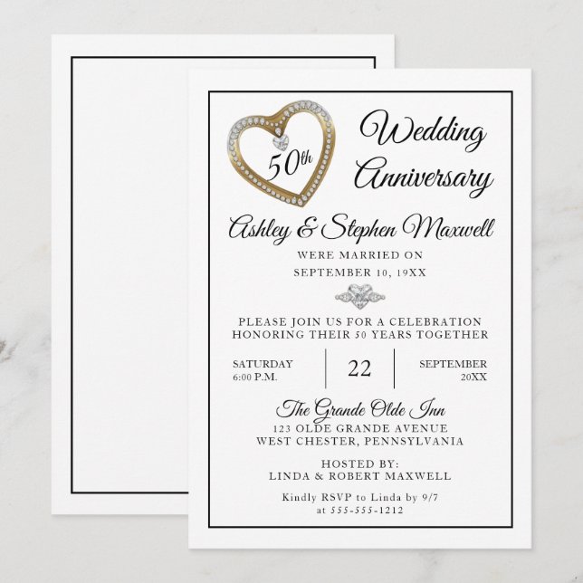 Heart Diamonds 50th Wedding Anniversary Party Einladung (Vorne/Hinten)