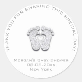 Heart Feet Baby Shower Favor Girl Danke Grey White Runder Aufkleber