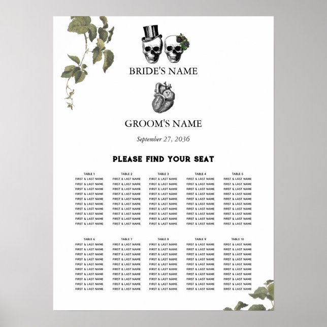 Heart Floral Skulls Wedding Seating Chart Poster (Vorne)