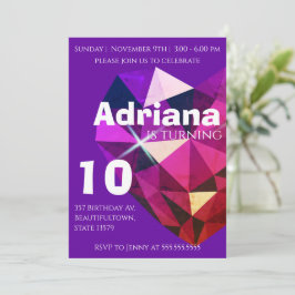 Heart Gemstone Purple 10th Birthday Invitation Einladung