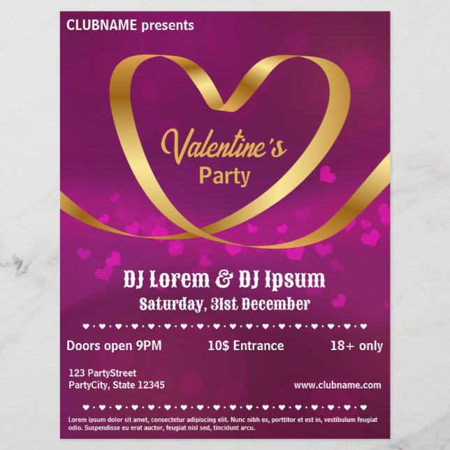 Heart Gold Ribbon Lila Valentins Party Flyer (Vorne)