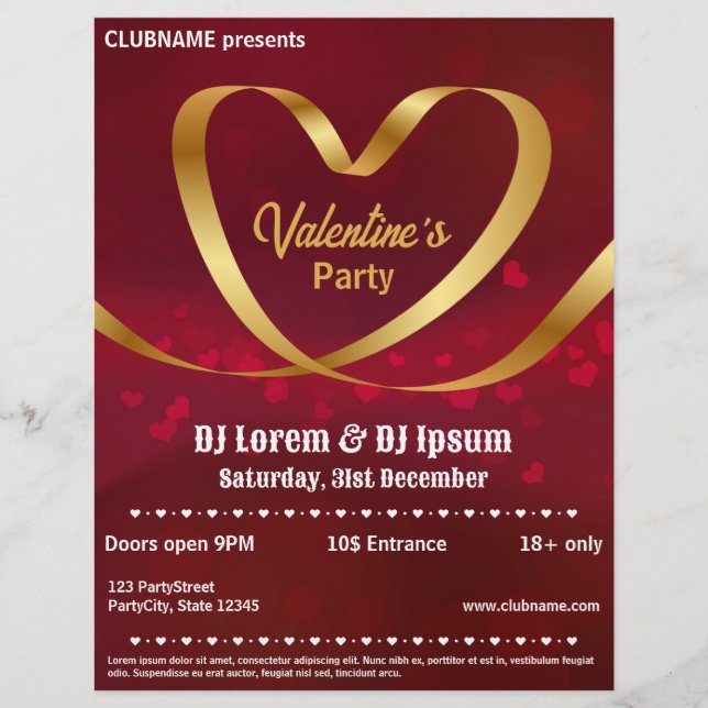 Heart Gold Ribbon Red Valentine Party Flyer (Vorne)