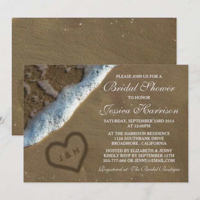 Heart In The Sand Beach Bridal Shower Invitations (Devant / Derrière)