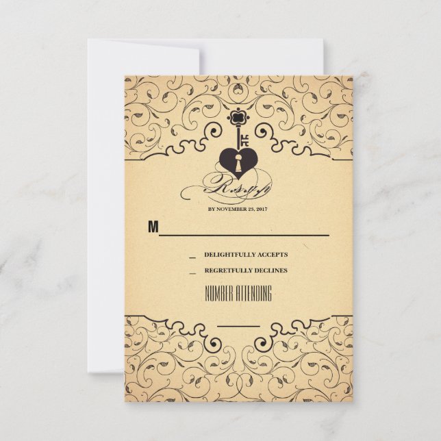 Heart Key Vintage Wedding RSVP Karten (Vorderseite)