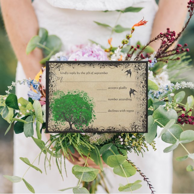 Heart Leaf Emerald Tree Love Bird Wedding RSVP Karte (Von Creator hochgeladen)