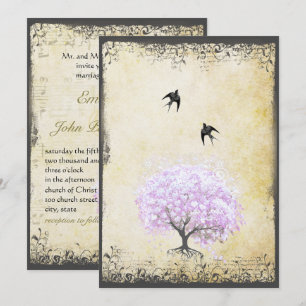 Heart Leaf Lavender Tree Vintag Bird Wedding Einladung