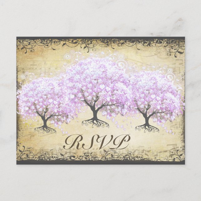 Heart Leaf Lavender Tree Vintag Bird Wedding Einladungspostkarte (Vorderseite)