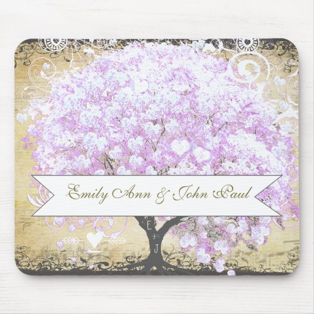 Heart Leaf Lavender Tree Vintag Bird Wedding Mousepad (Vorne)