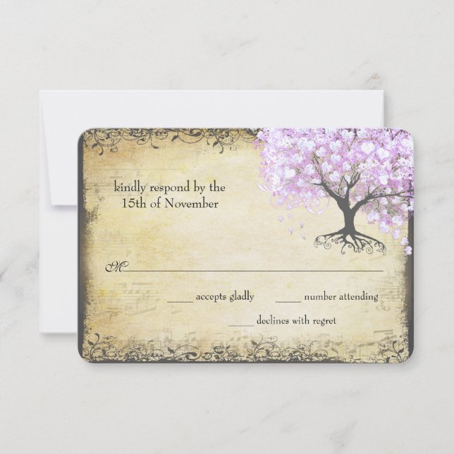 Heart Leaf Lavender Tree Vintag Bird Wedding RSVP Karte (Vorderseite)