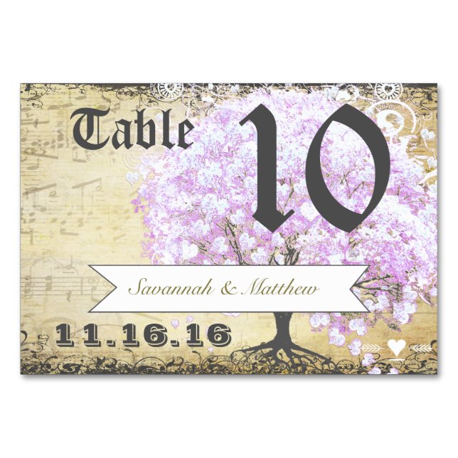 Heart Leaf Lavender Tree Vintag Bird Wedding Tischnummer (Vorderseite)