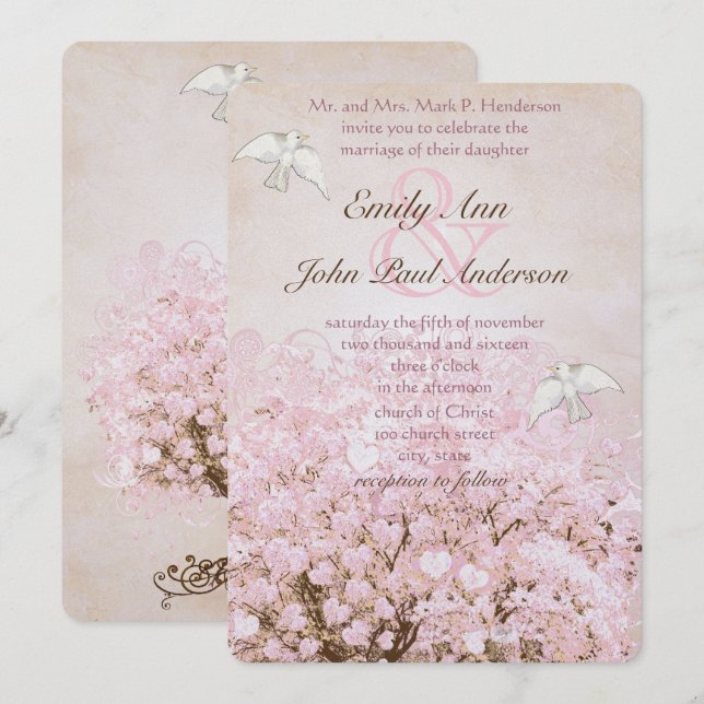 Heart Leaf Pale Dogwood Pink Tree Dove Hochzeit Einladung (Vorne/Hinten)