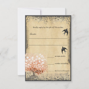 Heart Leaf Tree Light Coral Birds Wedding RSVP Karte