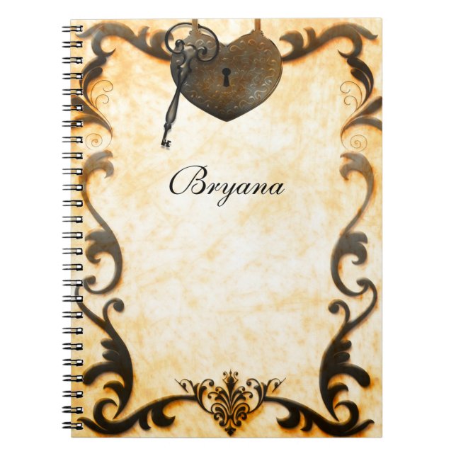 Heart Lock & Key Vintages antikes Notebook Journal Notizblock (Vorderseite)