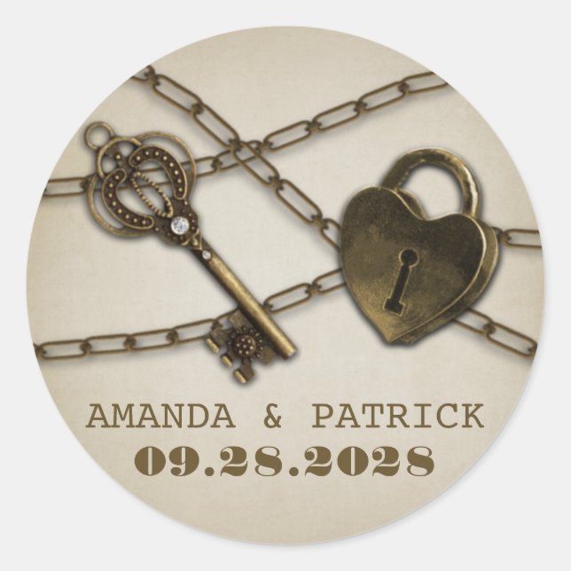 Heart Lock und Skeletton Key Gastgeschenk Hochzeit Runder Aufkleber (Vorderseite)