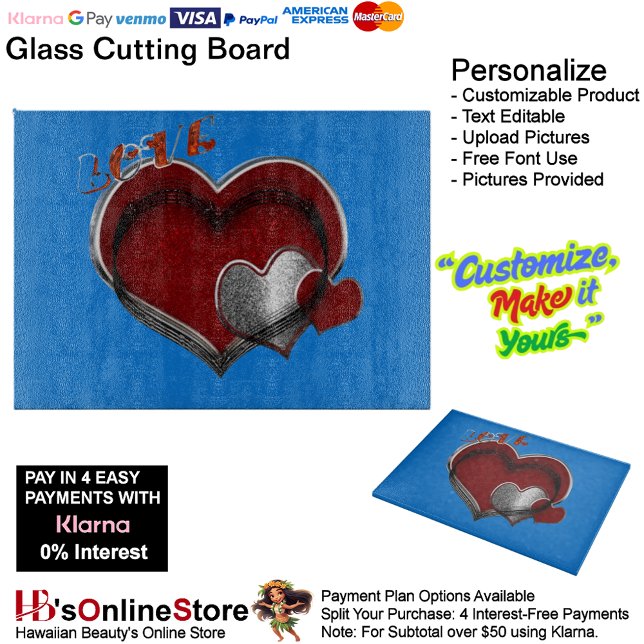 Heart Magic Blue Glass Cutting Board 38,1x27,9cm Schneidebrett (Love Heart Blue Cooking Glass Cutting Board.)