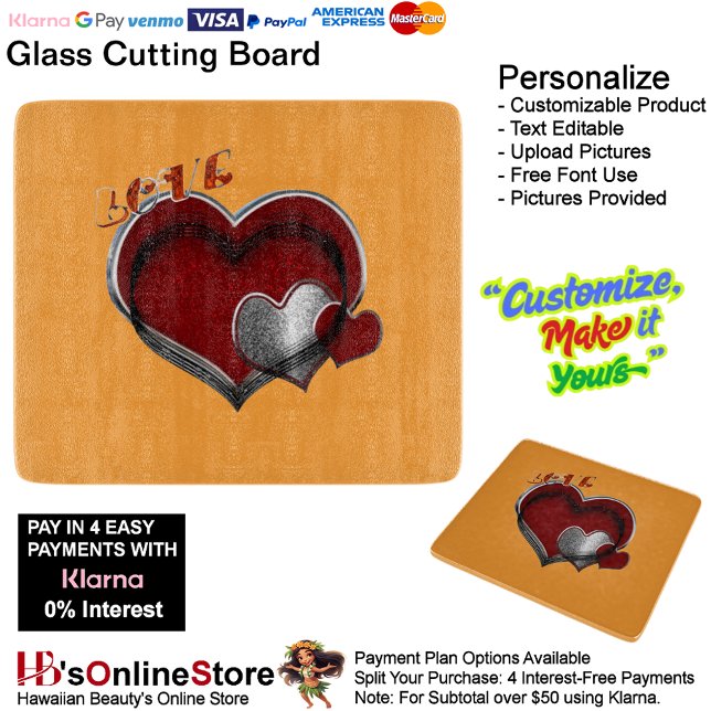 Heart Magic Orange Glass Cutting Board 15,2x17,8cm Schneidebrett (Love Heart Orange Cooking Kitchen Glass Cutting Board.)