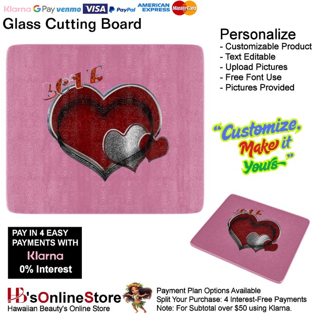 Heart Magic Pink Glass Cutting Board 15,2x17,8cm Schneidebrett (Love Heart Pink Cooking Kitchen Glass Cutting Board.)