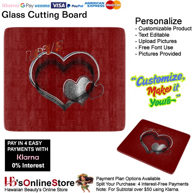 Heart Magic Red Glass Cutting Board 15,2x17,8cm Schneidebrett (Love Heart Red Cooking Kitchen Glass Cutting Board.)