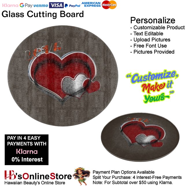 Heart Magic Round Brown Glass Cutting Board 30,4 c Schneidebrett (Love Heart Brown Cooking Kitchen Glass Cutting Board.)