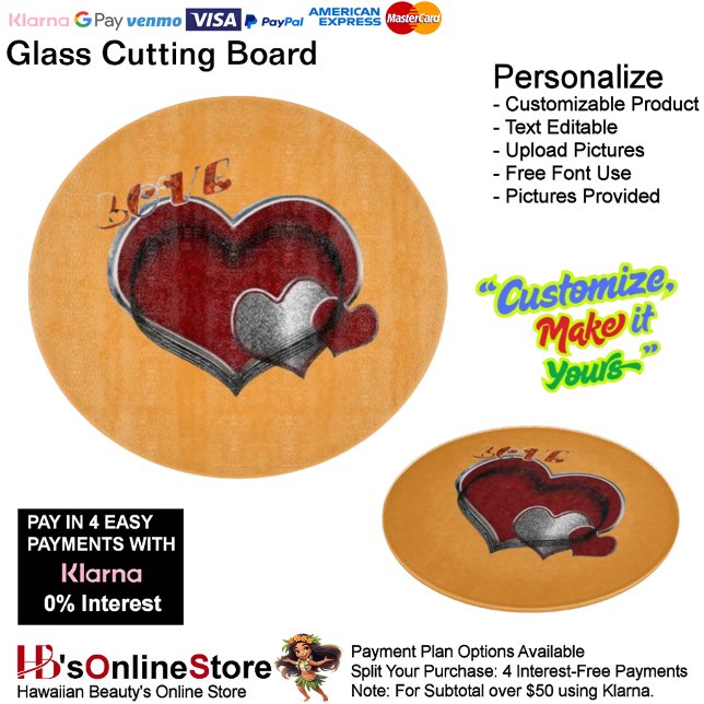 Heart Magic Round Orange Glass Cutting Board 30.4 Schneidebrett (Love Heart Orange Cooking Kitchen Glass Cutting Board.)