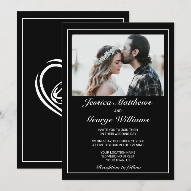 Heart Modern Minimalistisch Black Foto Wedding Einladung (Vorne/Hinten)