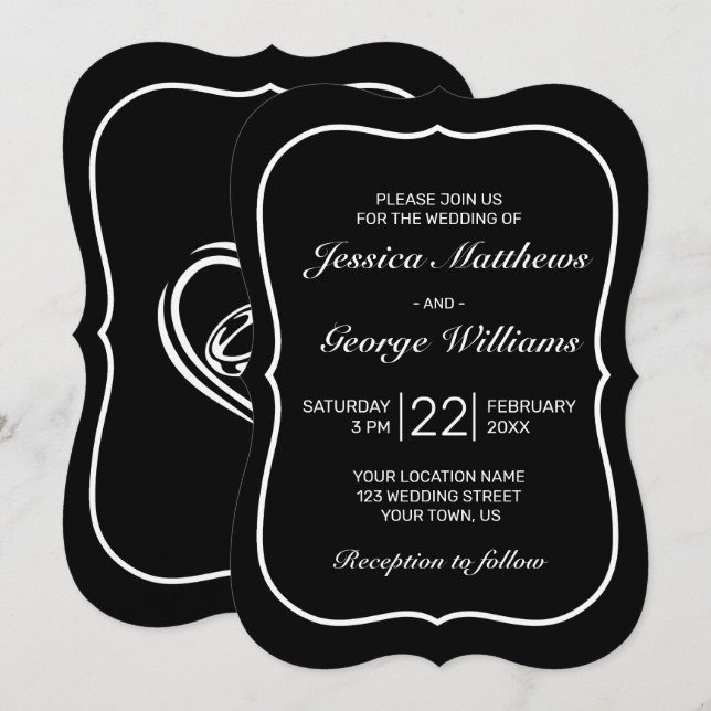 Heart Modern Minimalistisch Black Wedding Einladung (Vorne/Hinten)