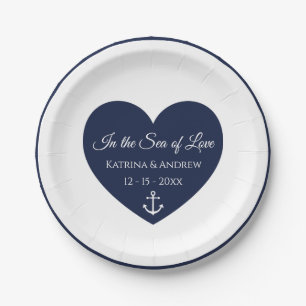 Heart Navy Blue White Anchor Nautical Wedding Pappteller
