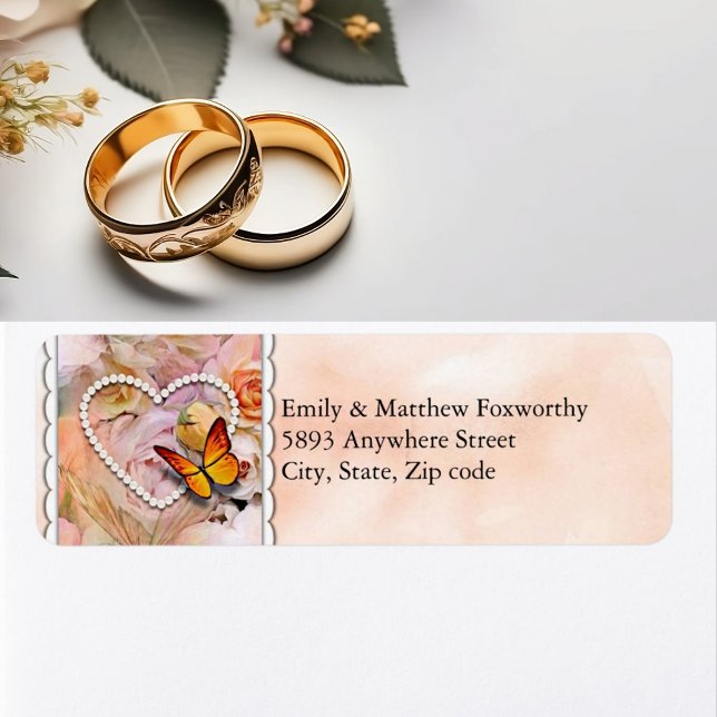 Heart Orange Rose Butterfets Couple Address (Heart Orange Roses Butterflies Couple Address Label)