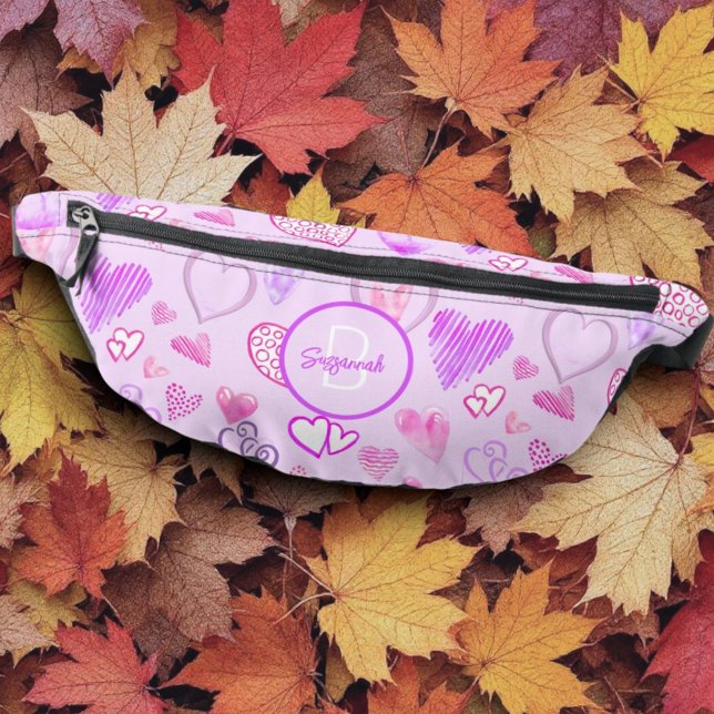 Heart Pattern on Pastel Purple Initial Monogram (template name & monogram initial fanny pack front)