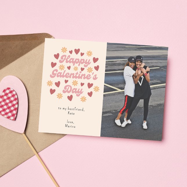 Heart Retro Happy Galentine's Day Bestfriend Foto Postkarte (Von Creator hochgeladen)
