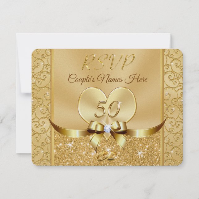 Heart, Rings 50. Wedding Anniversary RSVP Karten (Vorderseite)