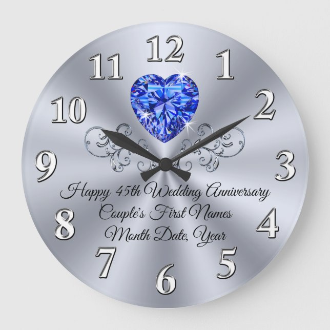 Heart Sapphire Happy 45 th Wedding Anniversary Ges Große Wanduhr (Vorderseite)