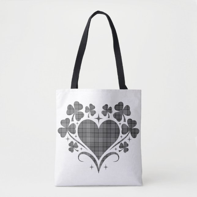 Heart Shamrock Plaid Gray Tartan Clover Tasche (Vorderseite)